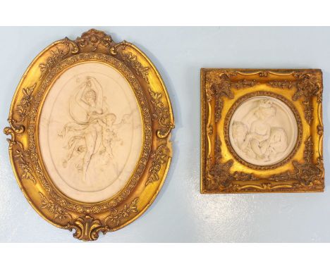 Two modern composite ceramic bas-relief plaque's in the classical style, in gilt frames