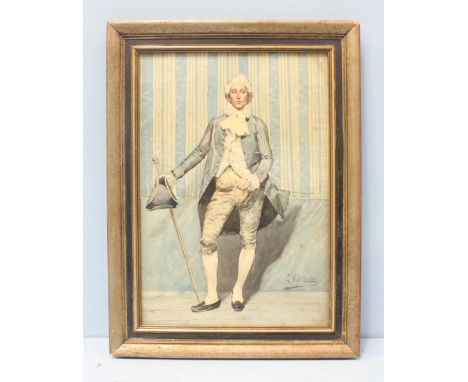 Luigi da Costa: a 19th portrait of a gentlemen in 18th century dress, holding a tri-corn hat and cane, framed, 37cm by 26cm