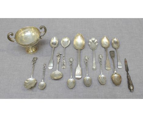 A Silver twin handled stem cup, Birmingham 1904. together with a selection of various silver spoons, varying from 800 grade t
