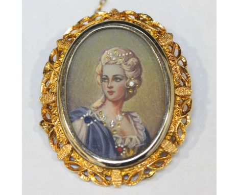 A painted oval portrait miniature brooch / pendant, painted with a lady, her hair and necklace set with Swiss-cut diamonds an