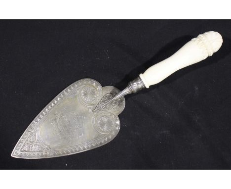 A Victorian silver presentation trowel with carved ivory handle, engraved for Bately & District Cottage Hospital,1881, Birmin