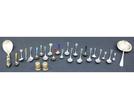 A collection of various silver tea spoons, including a set of 6 silver gilt and enamel shell shaped art deco spoons, 7 Danish