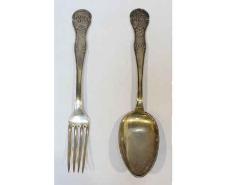 A Danish Silver spoon and fork pair with Swastika, former mark of Carlsberg mark to top of handle, by Christian F.Heise, tota