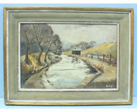 Roland Ossory Dunlop RA RBA NEAC (1894-1975) Country landscape scene with trees on a riverbank, signed, oil on board. 39 x 59