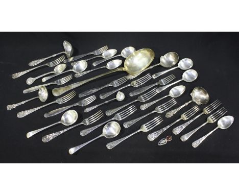 A selection of Danish Silver plated cutlery, including a large serving spoon, spoons and forks in the Art Nouveau style and o