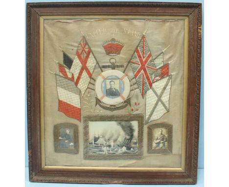 A WW1 framed silk embroidered panel, with three monochrome portrait photographs, one mounted in a life ring and surrounded by