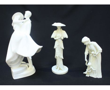 A group of three white porcelain figure groups, comprising: Royal Worcester 'First Steps', Royal Doulton Images Over the Thre