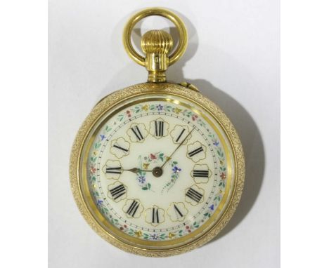 An early 20th Century continental 14ct gold ladies open faced pocket watch, white enamel dial with Roman numerals and polychr