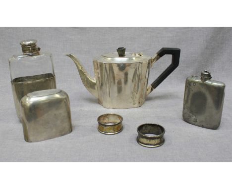 A large Mappin Bro's/James Dixon and son silver plated hip flask, the case opening to reveal a glass liner, together with ano