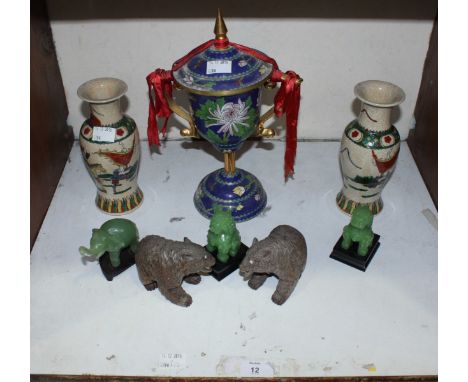 SECTION 12.  A cloisonne enamel stemmed cup and cover, 30cm high, together with a pair of Chinese crackle-glaze pottery vases