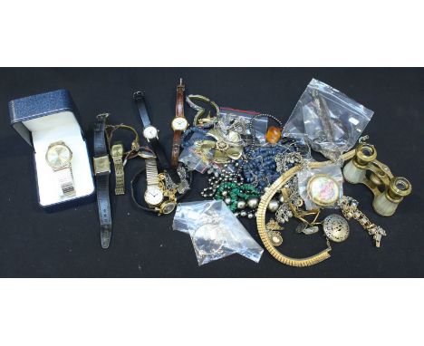 A selection of assorted costume jewellery and watches, including 4 Lorus watches, a pair of silver cufflinks and a silver bro