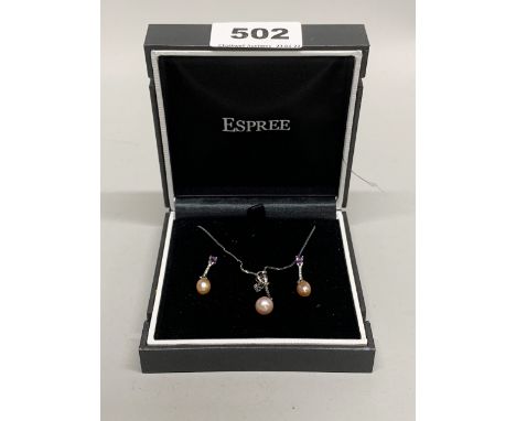 A 925 silver amethyst and pink cultured pearl necklace and earrings.