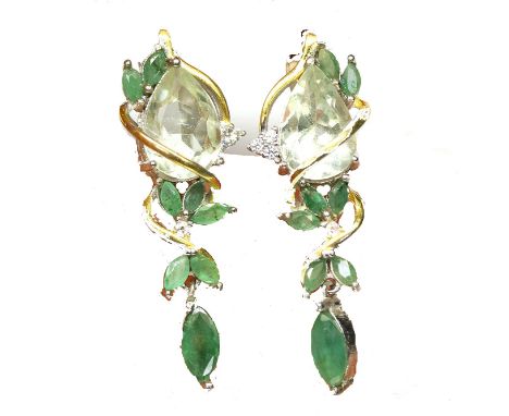 A pair of 925 silver drop earrings set with a pear cut green amethyst and marquise cut emeralds, L. 3.8cm.
