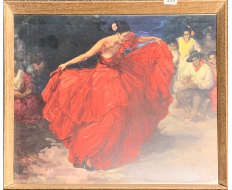 A 1960s framed print of a flamenco dancer, frame size 64 x 54cm.
