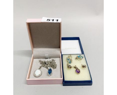 A 925 silver and amethyst necklace and earrings, together with a pair of silver and blue stone earrings, and two stone set si