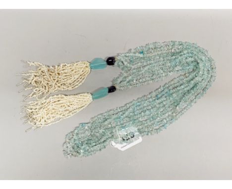 A lovely five strand scarf style necklace of aquamarine, amethyst and freshwater pearls necklace L. 120cm.