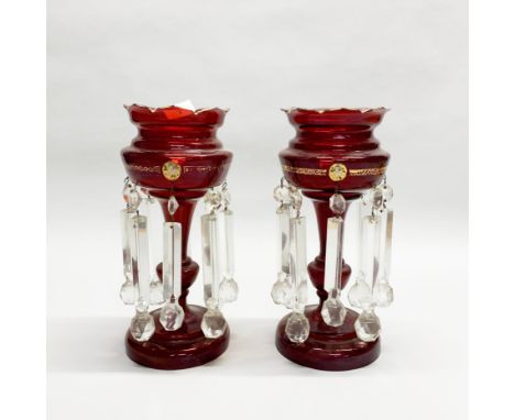 A pair of 19th century ruby glass lustres, H. 30.5cm.