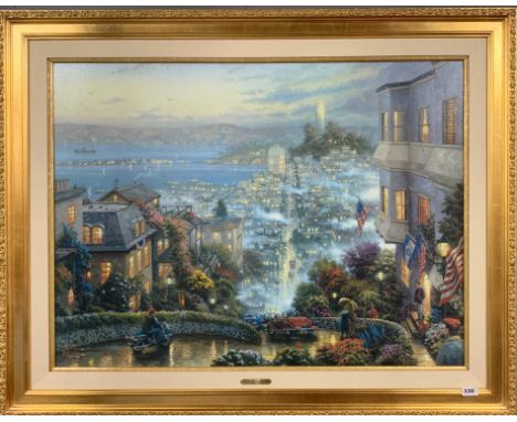 Thomas Kinkade: A very large gilt framed limited edition 3133/3450 canvas lithograph  of San Francisco, Lombard street. Frame