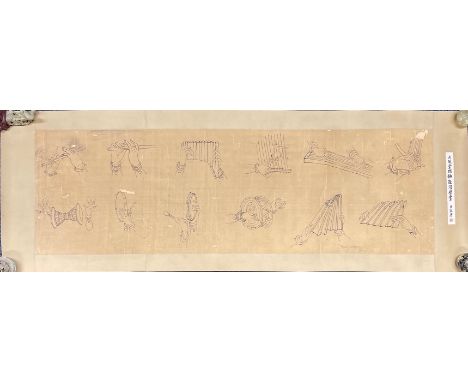 Chinese ink on silk mounted on paper depicting a compilation of hand gestures of performers from mural painters of Mo Kao Gro