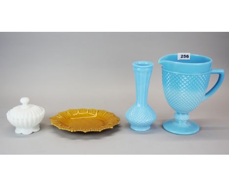 A large blue opaline glass jug, H. 22cm, together with a further blue opaline glass vase, a milk glass bowl and a Casa Pupo c