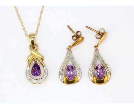 A 9ct yellow and white gold pendant set with an pear cut amethyst and diamonds on a 9ct yellow gold chain together with a mat