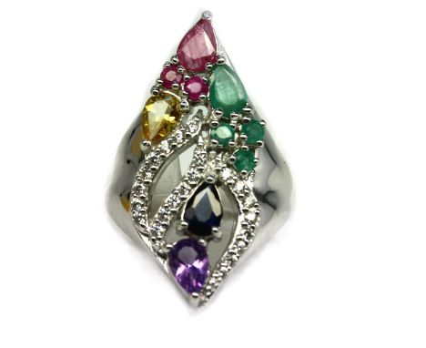 A 925 silver ring set with ruby, emeralds, amethyst and citrines, (L).