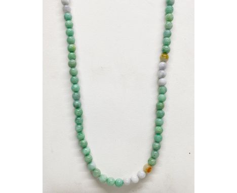 A single strand necklace of mixed colour 7.5mm jade beads, necklace L. 80cm.