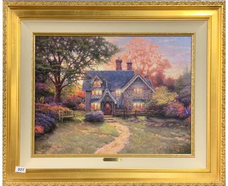 Thomas Kinkade: A gilt framed limited edition of 995 canvas lithograph entitled 'Gingerbread Cottage', frame size 83 x 68cm (