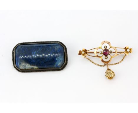 An antique 9ct yellow gold brooch set with a round cut amethyst and seed pearls together with a silver brooch set with a larg