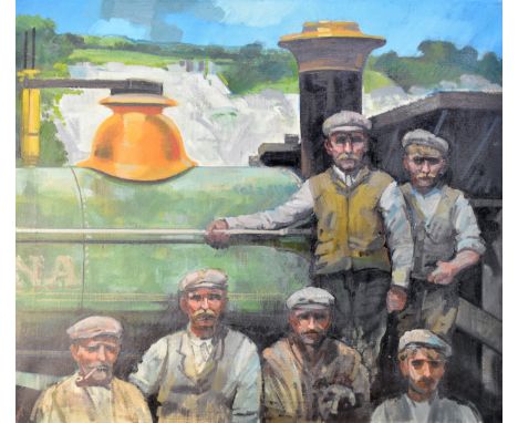Henry Collins (1910-1994) Quarry Engine 'Lena' and Workers, Wales, signed lower left, dated 1983 oil on canvas, measurements 