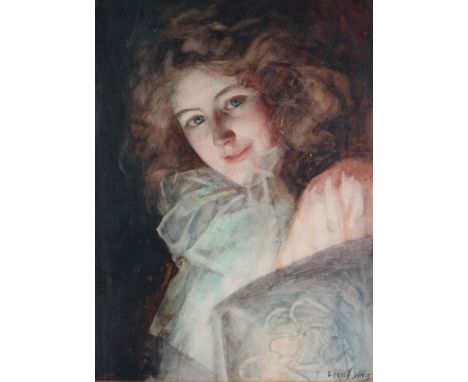 Lucien Davis (British, 1860-1941) Portrait of a young woman as a pierrot, signed lower right, watercolour on paper, measureme