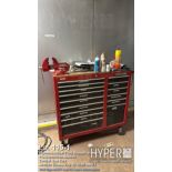 Craftsman 15 drawer tool chest with Wilton Bench Vise, 4.5" Jaw Width, Swivel Base, Red