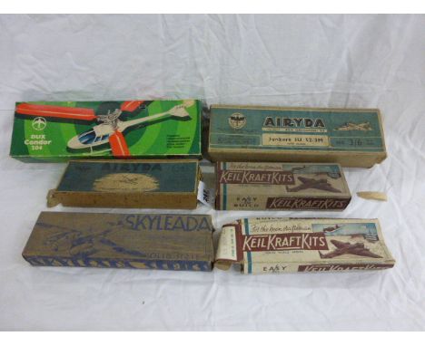 Five vintage boxed model planes including Skyleada, Airyba Junkers JU 52/3M, Airyba Messerschmitt ME 109F and two Keil Kraft 