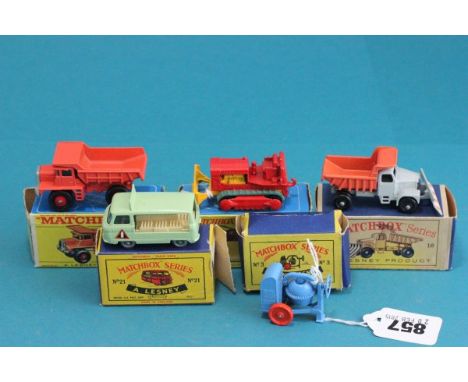 Five boxed Matchbox vehicles including 16 Scammell 'Mountaineer' Snowplough, 3 Cement Mixer, 21 Milk Delivery Truck, 16 Case 