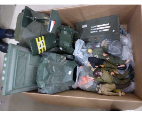 Large quantity of vintage Action Man including five dolls (2 af), three vehicles, accessories box complete and numerous cloth