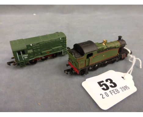 Two unboxed N gauge engines including Graham Farish Diesel in green livery and Dapol engine in green livery