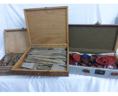 Three Wooden Boxes containing Various Vintage Meccano including many wheels 