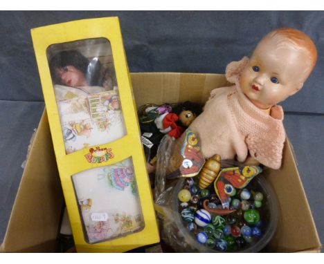 Mixed box of toys including boxed Ballet Dancer Pelham Puppet, marbles etc