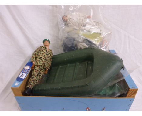 Box of vintage Action Man accessories including two dolls, clothing etc
