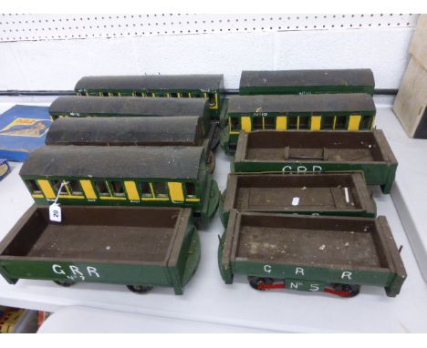 Ten large scratch built railway wagons and carriages made from wood and tin wheel scale 3.2'' approx