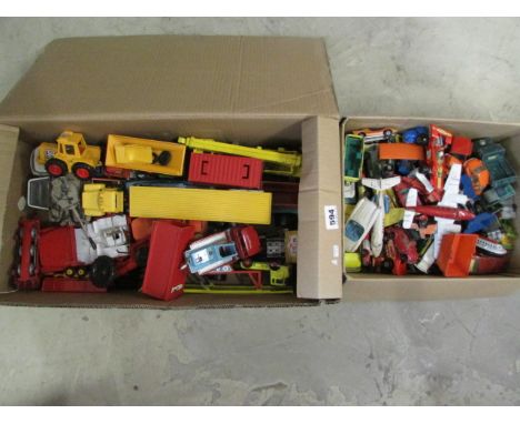 Two boxes of play worn die cast vehicles including Corgi, Dinky, Matchbox