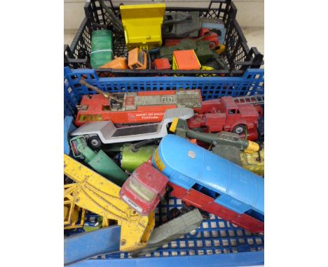 Two Trays of Vintage Play Worn Die Cast Vehicles mainly Dinky and Corgi including Chipperfield Articulated Horse Box, Dinky A