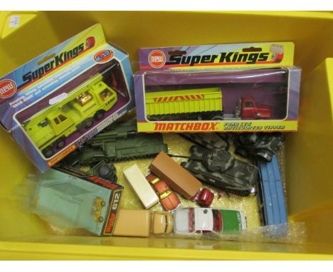 Box of die cast vehicles featuring Corgi & Matchbox etc including boxed Matchbox Super Kings K-18 & K-12