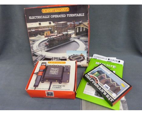 Boxed Hornby OO gauge Electrically Operated Turntable, Wills Craftsman's Kit Two Road Engine Shed, two Metcalfe ready cut kit