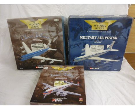 Three boxed Corgi The Aviation Archive planes including Frontier Airliners 47505, Classic Jetliner AA32904 and Military Air P