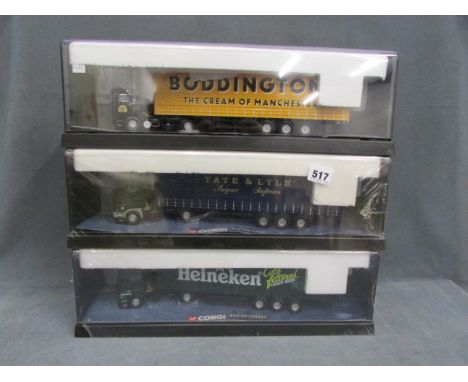 Three cased Corgi Modern Trucks including 75402 Tate & Lyle (sealed), 75404 Heineken (sealed) and 75202 Boddingtons