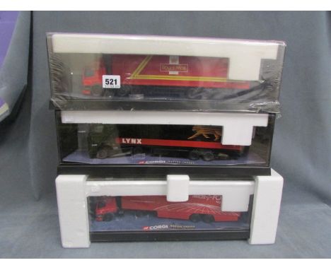 Three cased Corgi Modern Trucks including 75502 Royal Mail, 75001 Lynx Express and 75501 Parcelforce Worldwide (sealed)