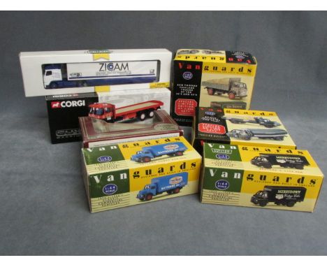 Four boxed 1:64 Vanguards including Ken Thomas Haulage Trucks set and Boots Delivery Trucks set plus boxed Corgi Guy Warrior 