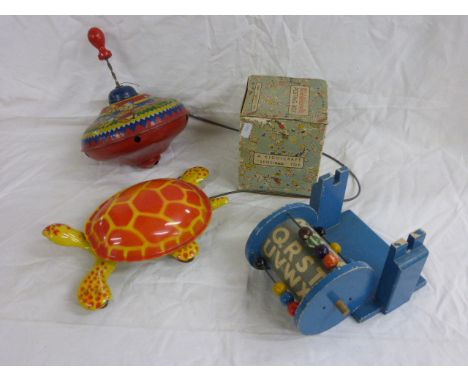 Four Childs Toys including tin plate Mobo ToyToise, tin plate Chad Valley Spinning Top, boxed Kiddicraft Posting Box etc