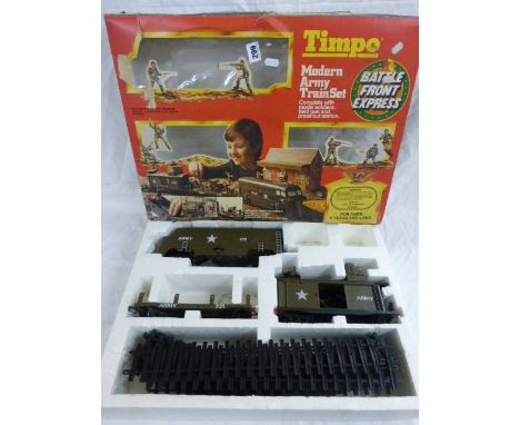 Boxed Timpo Modern Army Train set 'Battle Front Express' near complete, tatty box